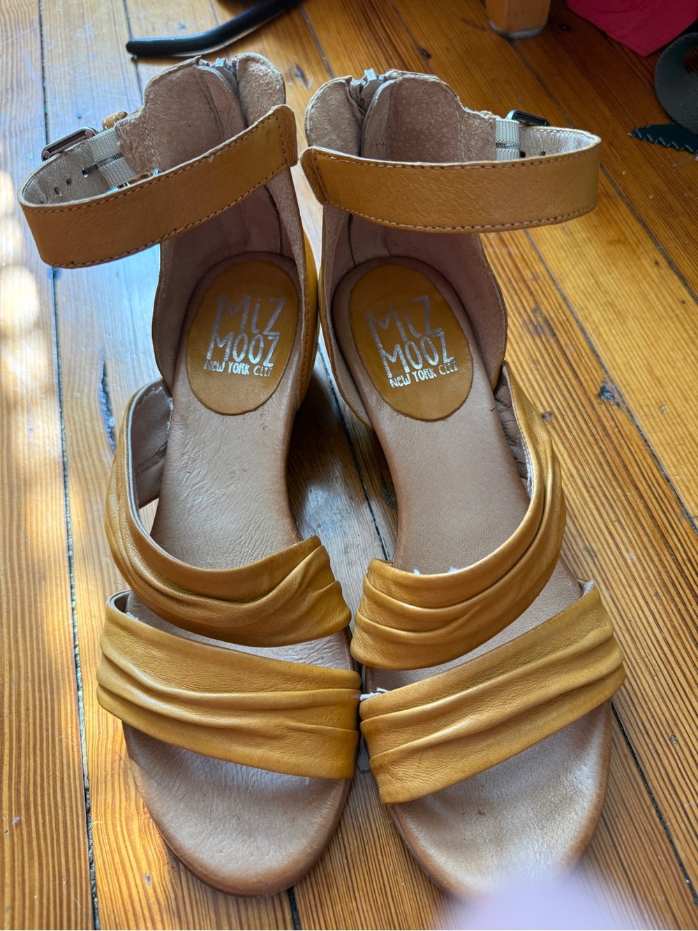 Miz Mooz Women's Mustard Yellow Ruching Ankle-Strap Sandals